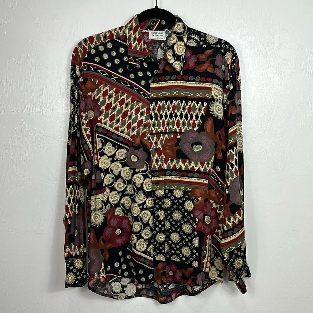 United Colors Of Benetton Vintage Muti Print Long Sleeve Button Down ShirtāM